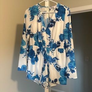Long Sleeve Blue & White Floral Romper